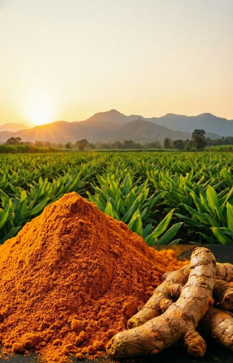 Turmeric powder and fresh turmeric fingers before a Sangli field at sunrise